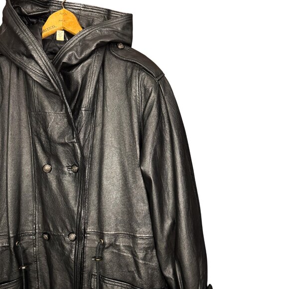 Vintage 90s Black Leather Coat, Quilted Lining, Genuine Leather, Oversized Parka - Picture 3 of 7